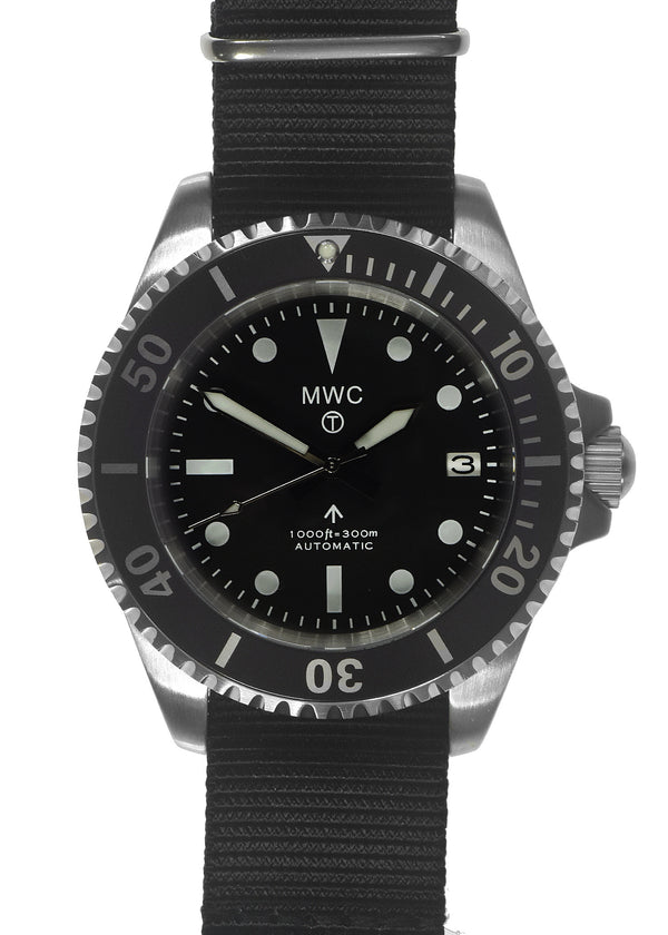 MWC 24 Jewel 1982 Pattern 300m Automatic Military Divers Watch with Sapphire Crystal on a NATO Webbing Strap - Ex Display Watch From the U.S Shot Show Save 50% Off Normal Price