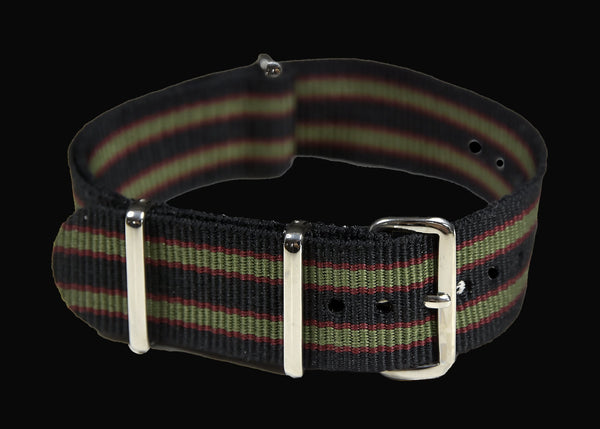 Original James Bond / 007 Colours from 1964! 20mm Black, Red and Olive Green NATO Military Watch Strap