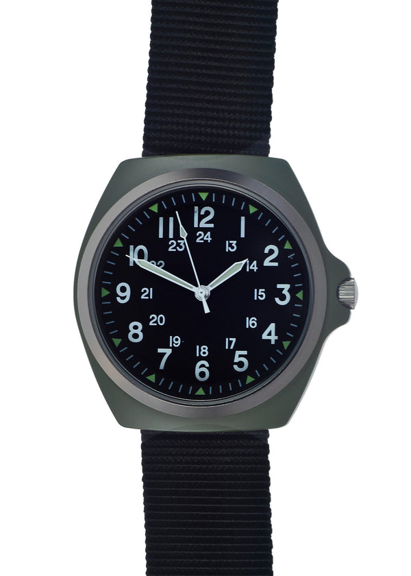 Military Industries Remake of the mid 1980s Pattern MIL-W-46374C U.S Pattern Military Watch in Olive Drab - Ex Display Watch Might Need a New Battery - Priced to Clear!