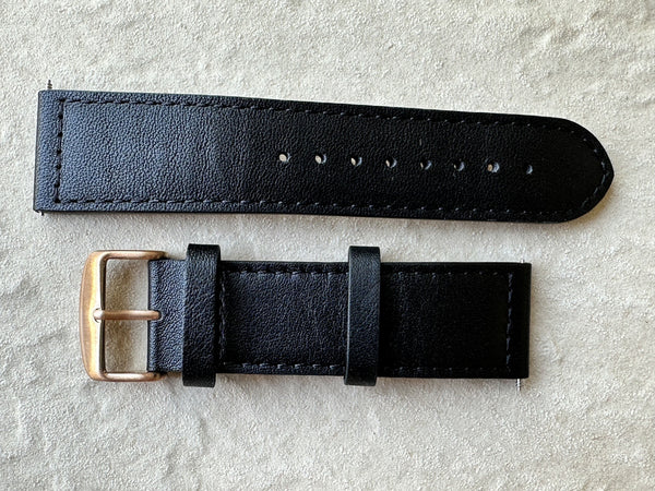Classic Italian Retro Pattern 24mm Black Leather Watch Strap with Stainless Steel Fasteners