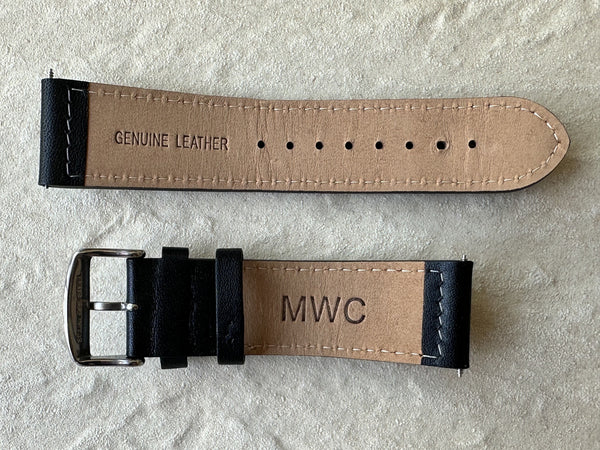 Classic Italian Retro Pattern 24mm Black Leather Watch Strap with Stainless Steel Fasteners