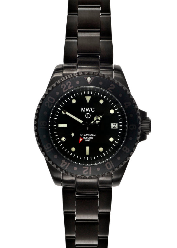 MWC GMT 300m Water Resistant Dual Timezone Military Watch in Black PVD Steel on Matching Bracelet - Needs a New Battery Soon