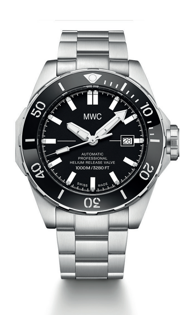 MWC 100atm / 3,280ft / 1000m Water Resistant Divers Watch in Stainless Steel Case with Helium Valve on a Matching Bracelet / 100% Swiss Made with a Sellita SW200 26 Jewel Automatic Movement