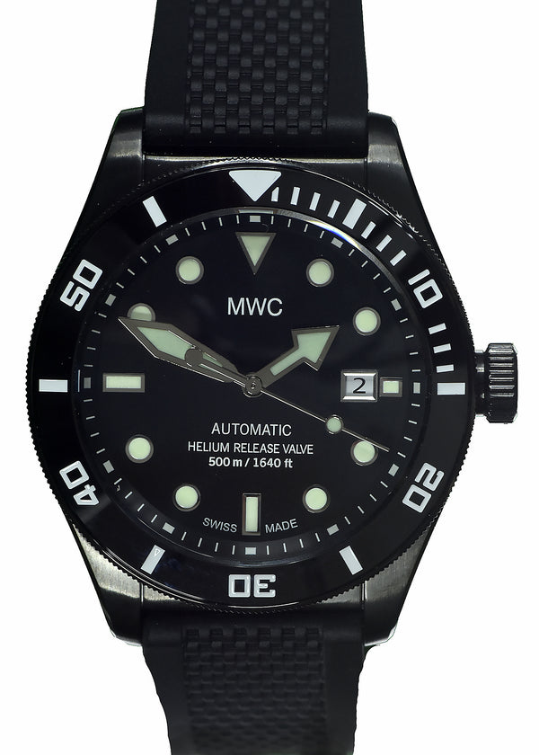 MWC Swiss Made 500m (1640ft) Water Resistant Automatic Divers Watch in Black PVD Stainless Steel With Sapphire Crystal, Ceramic Bezel and Helium Valve - Ex Display Watch from the US Shot Show