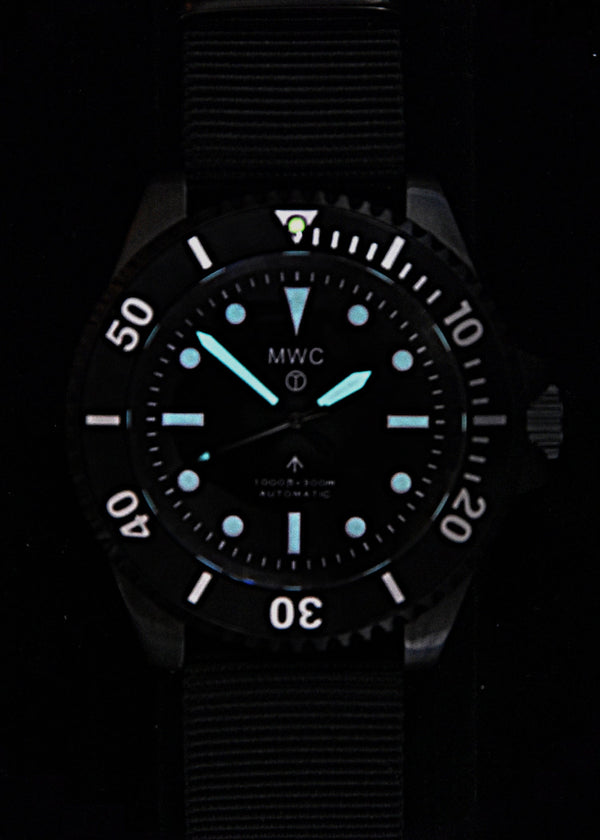 MWC 24 Jewel 1982 Pattern 300m Automatic Military Divers Watch in Black PVD with a Sapphire Crystal on a NATO Webbing Strap - Ex Display Watch Save 50%