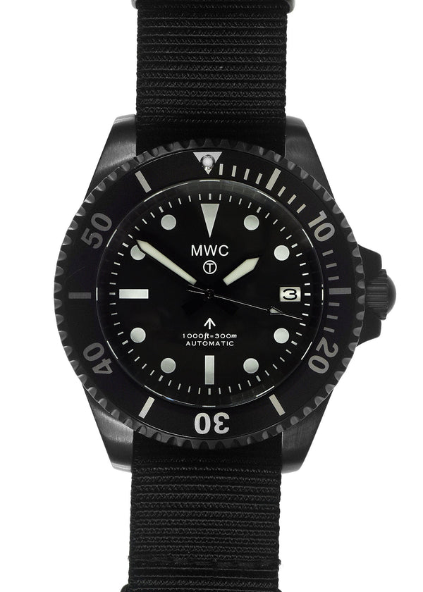 MWC 24 Jewel 1982 Pattern 300m Automatic Military Divers Watch in Black PVD with a Sapphire Crystal on a NATO Webbing Strap - Ex Display Watch Save 50%