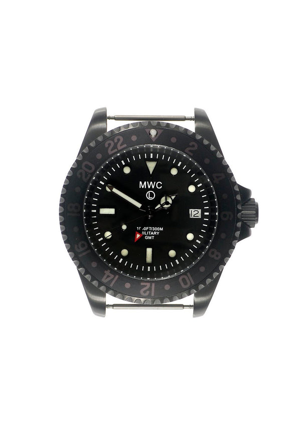 MWC GMT (Dual Time Zone) Dual Timezone Military Watch in Black PVD Steel on a Silicon Band with an Additional Black NATO Strap - Discontinued MWC Model Save 50%