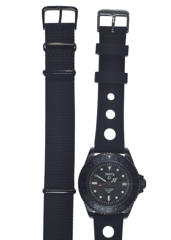 MWC GMT (Dual Time Zone) Dual Timezone Military Watch in Black PVD Steel on a Silicon Band with an Additional Black NATO Strap - Discontinued MWC Model Save 50%