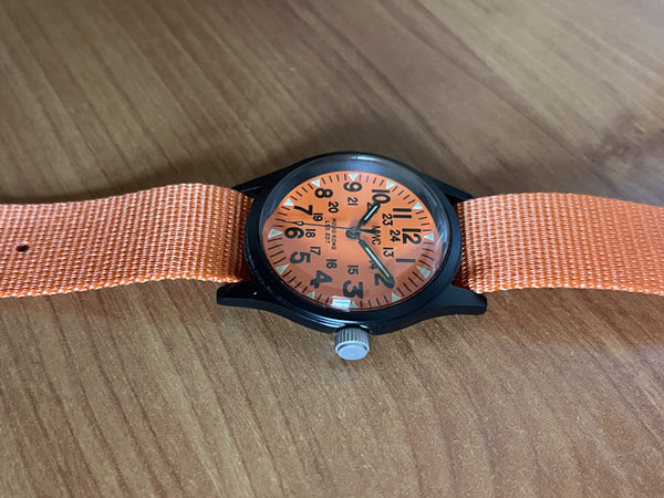 Rare MWC 1960s/70s Vietnam Pattern Watch in Orange on Matching Webbing Strap (New but Needs a Battery Replacement)