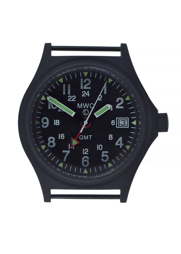 MWC GMT (Dual Time Zone) 100m/330ft Water resistant Military Watch in Black PVD Steel Case with Screw Crown