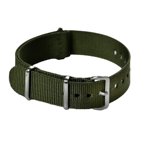 18mm Olive NATO Military Watch Strap with Brushed Stainless Steel Fasteners