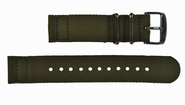 2 Piece 20mm Olive NATO Military Watch Strap in Ballistic Nylon with Stainless Steel Fasteners