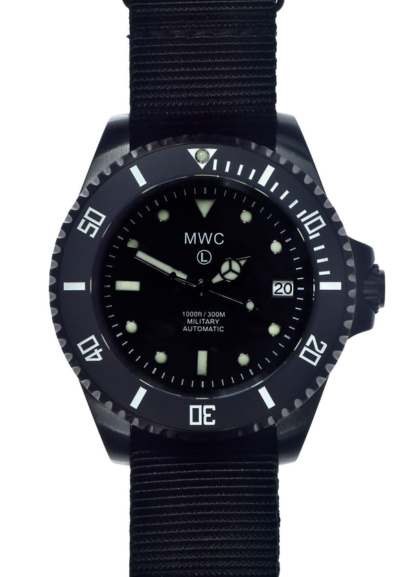 MWC 24 Jewel 300m Automatic Military Divers Watch in Black PVD Steel with Ceramic Bezel and Sapphire Crystal - Ex Display Watch Save 50%