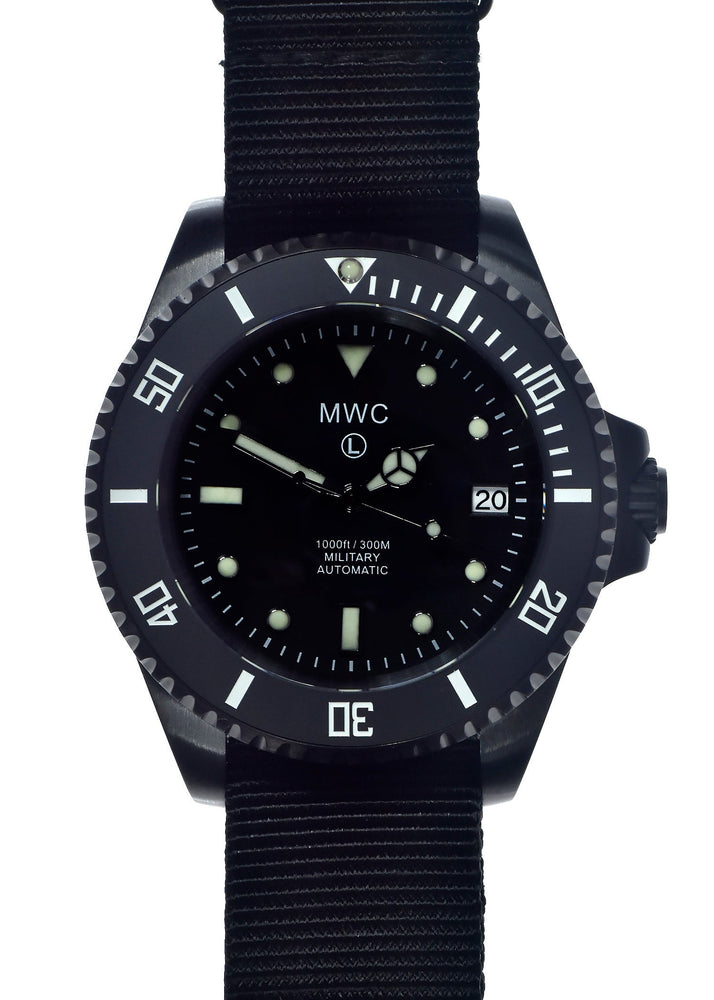 MWC 24 Jewel 300m Automatic Military Divers Watch in Black PVD Steel with Ceramic Bezel and Sapphire Crystal
